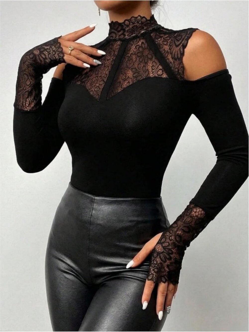Lace Cold Shoulder Long Sleeve Mock Neck Top | Goth Y2K Style for Women - Picture 3 of 5